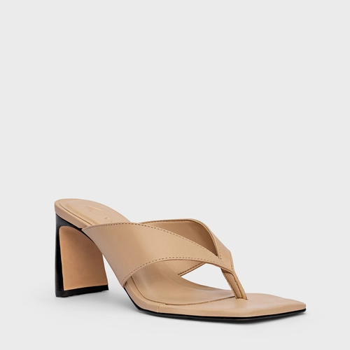 Open Mule Thong Iconic Salto Reto Couro Bege Ginger