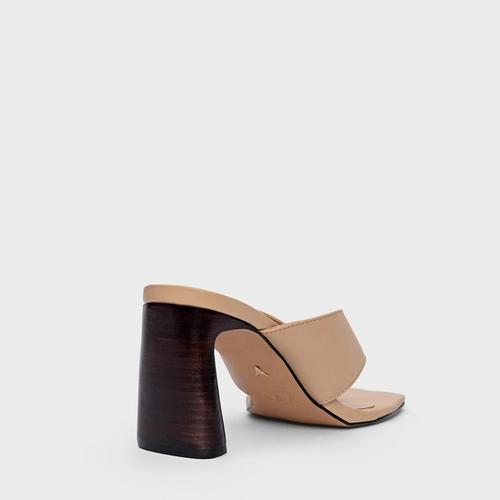 Open Mule Thong Iconic Salto Reto Couro Bege Ginger