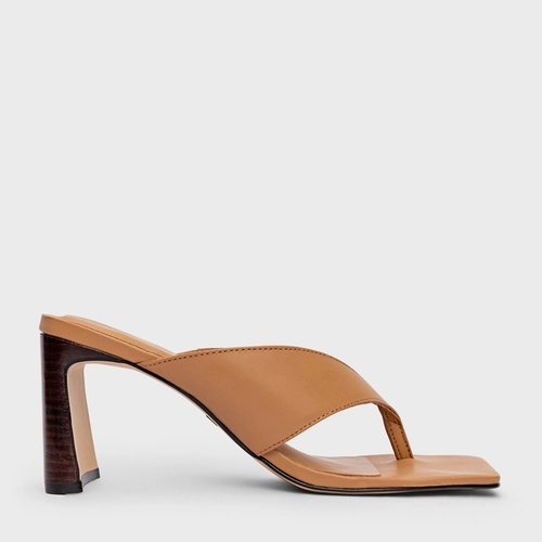 Open Mule Thong Iconic Salto Reto Couro Bege Cookie
