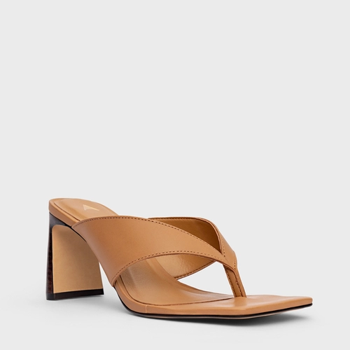 Open Mule Thong Iconic Salto Reto Couro Bege Cookie