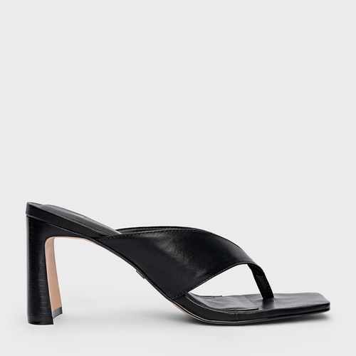 Open Mule Thong Iconic Salto Reto Couro Preto