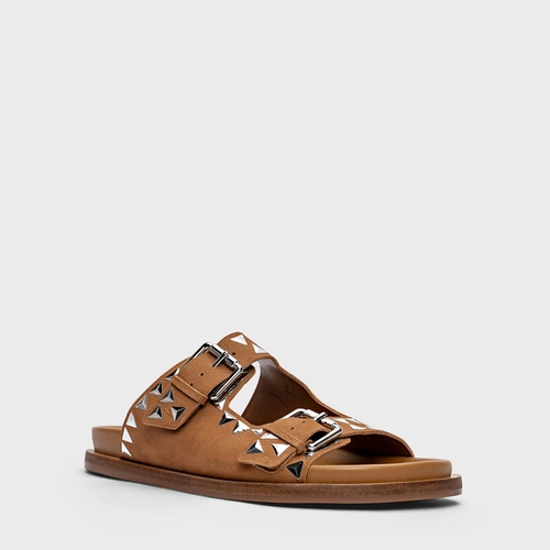 Flat Papete Tachas Couro Nobuck Marrom Honey