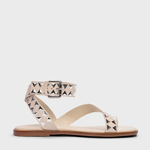 Sandália Flat Tachas Couro Nobuck Off White Ice