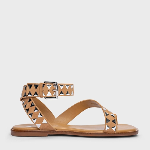 Sandália Flat Tachas Couro Nobuck Bege Toffee