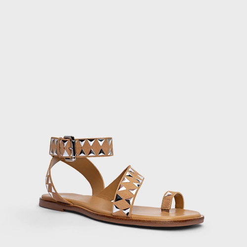 Sandália Flat Tachas Couro Nobuck Bege Toffee