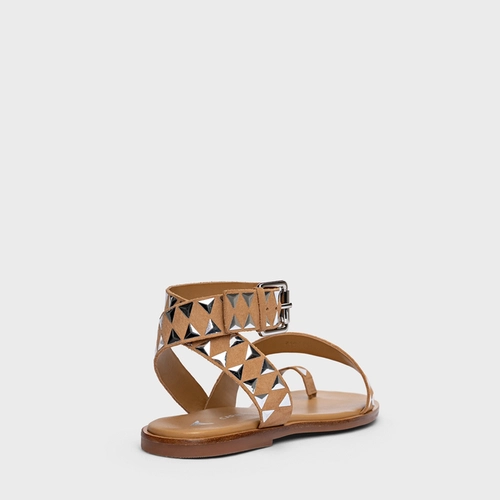 Sandália Flat Tachas Couro Nobuck Bege Toffee