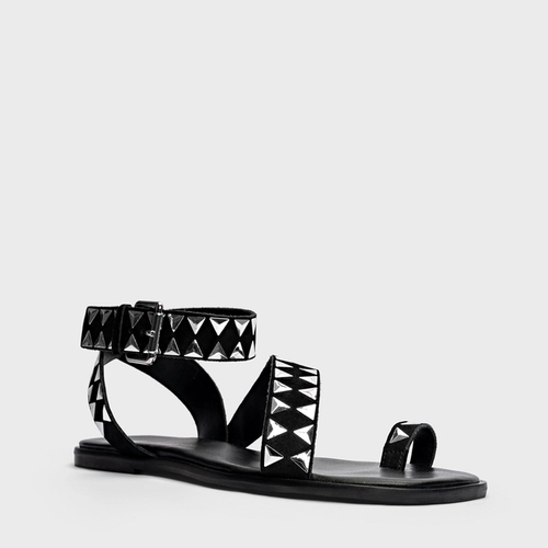 Sandália Flat Tachas Couro Nobuck Preto