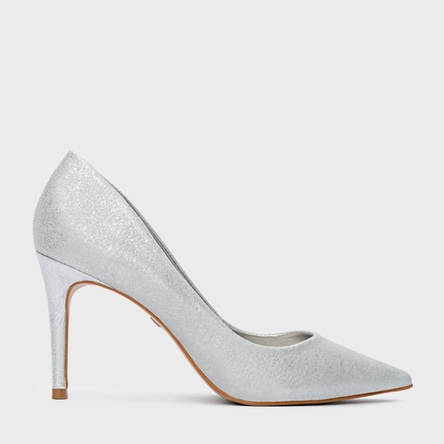 Scarpin Beatriz Salto Fino Couro Metallic Prata