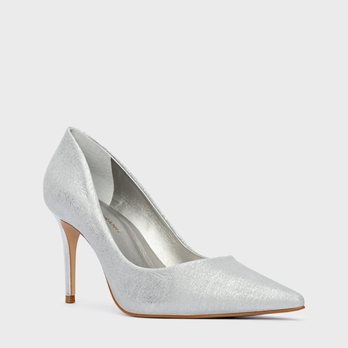 Scarpin Beatriz Salto Fino Couro Metallic Prata