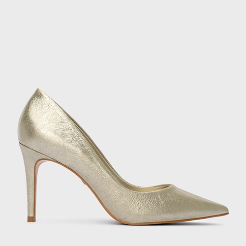 Scarpin Beatriz Salto Fino Couro Metallic Champagne