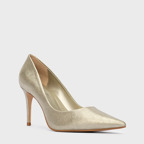 Scarpin Beatriz Salto Fino Couro Metallic Champagne