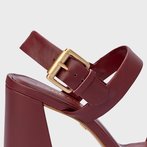 Sandália Salto Flare Couro Vinho Syrah