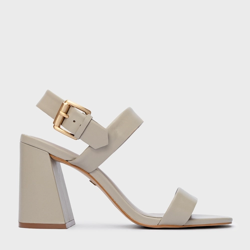 Sandália Salto Flare Couro Cinza Cashmere