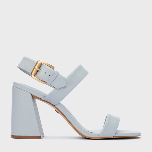 Sandália Salto Flare Couro Azul Glacier Blue