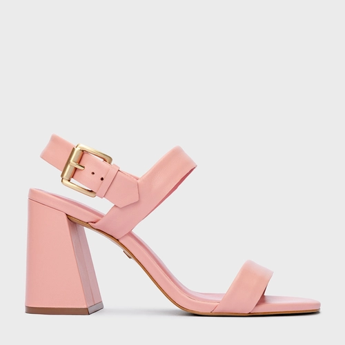 Sandália Salto Flare Couro Rosa Pink Salt
