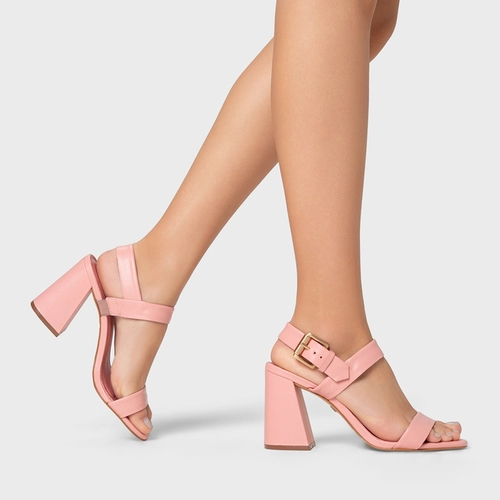 Sandália Salto Flare Couro Rosa Pink Salt