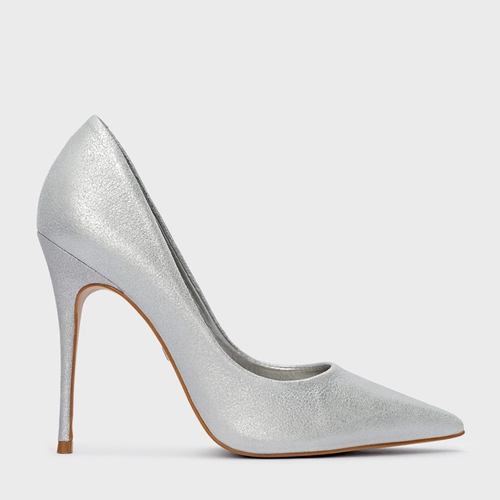 Scarpin Loretta Salto Fino Couro Metallic Prata