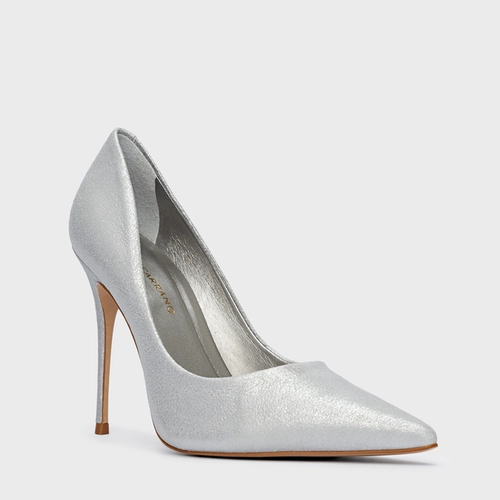 Scarpin Loretta Salto Fino Couro Metallic Prata
