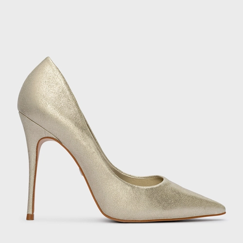Scarpin Loretta Salto Fino Couro Metallic Champagne