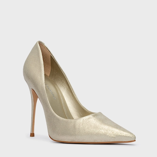 Scarpin Loretta Salto Fino Couro Metallic Champagne