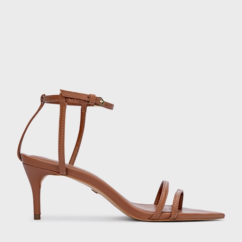 Sandália Classy Straps Salto Fino Couro Marrom Caramel