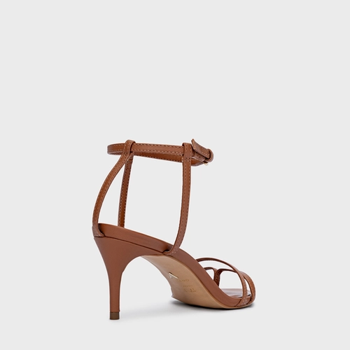 Sandália Classy Straps Salto Fino Couro Marrom Caramel