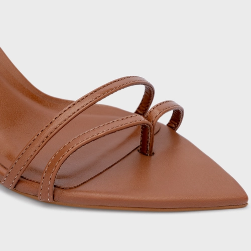 Sandália Classy Straps Salto Fino Couro Marrom Caramel