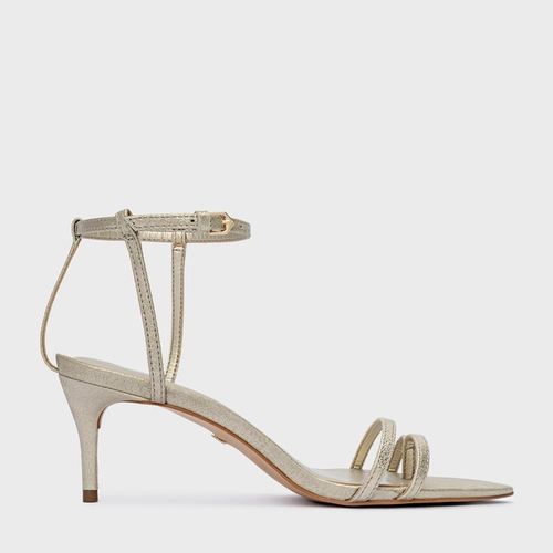 Sandália Classy Straps Salto Fino Couro Metallic Champagne