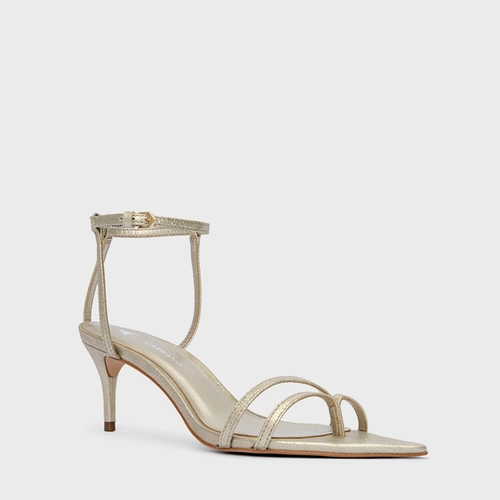 Sandália Classy Straps Salto Fino Couro Metallic Champagne