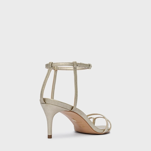 Sandália Classy Straps Salto Fino Couro Metallic Champagne
