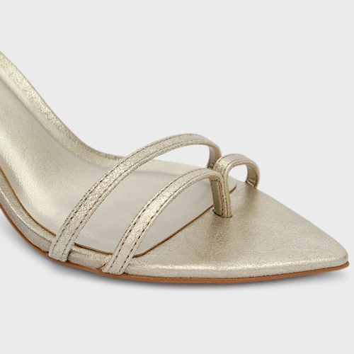 Sandália Classy Straps Salto Fino Couro Metallic Champagne