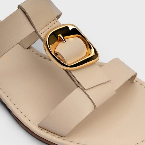 Flat Buckle Duo Tiras Couro Off White Cotton