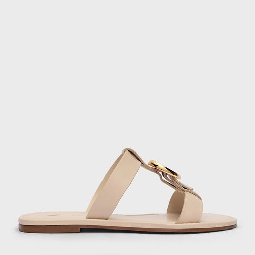 Flat Buckle Duo Tiras Couro Off White Cotton