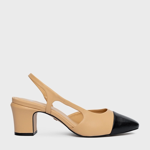 Scarpin Slingback Cap Toe Couro Bege Porcini