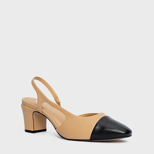 Scarpin Slingback Cap Toe Couro Bege Porcini