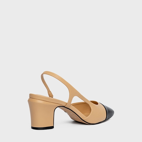 Scarpin Slingback Cap Toe Couro Bege Porcini