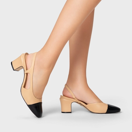 Scarpin Slingback Cap Toe Couro Bege Porcini