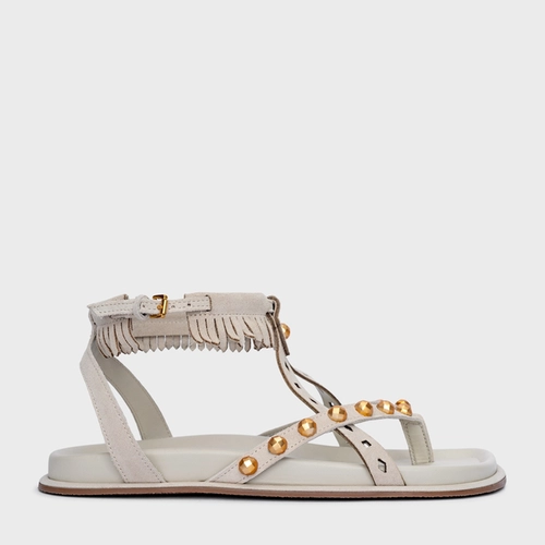 Sandália Flat Tiras Mini Franjas Couro Suede Off White Osso