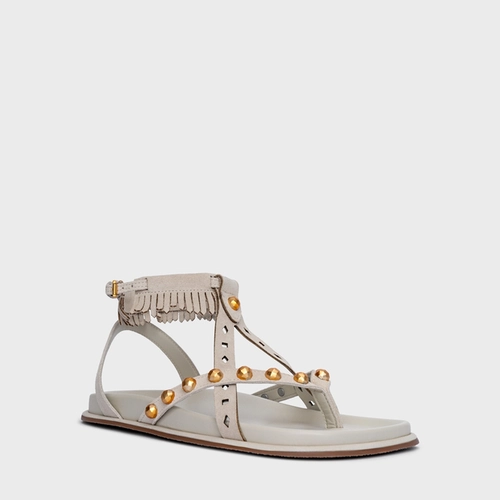 Sandália Flat Tiras Mini Franjas Couro Suede Off White Osso