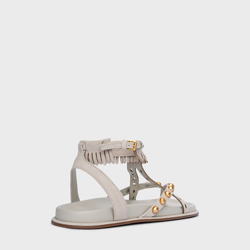 Sandália Flat Tiras Mini Franjas Couro Suede Off White Osso