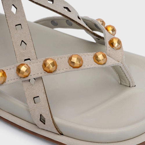 Sandália Flat Tiras Mini Franjas Couro Suede Off White Osso