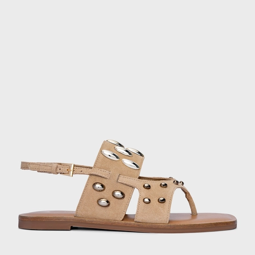 Sandália Flat Dots Maxi Tiras Couro Suede Bege Toffee