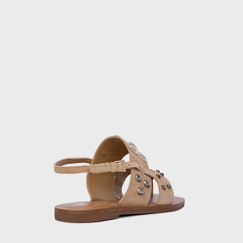 Sandália Flat Dots Maxi Tiras Couro Suede Bege Toffee