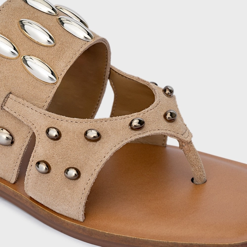 Sandália Flat Dots Maxi Tiras Couro Suede Bege Toffee