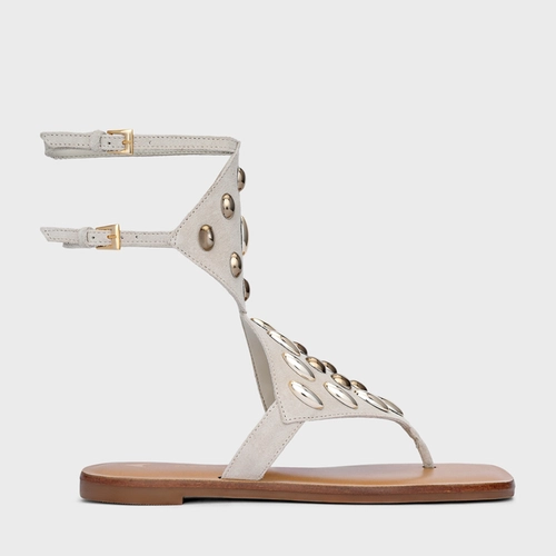 Sandália Flat Dots Triangle Couro Suede Off White Osso