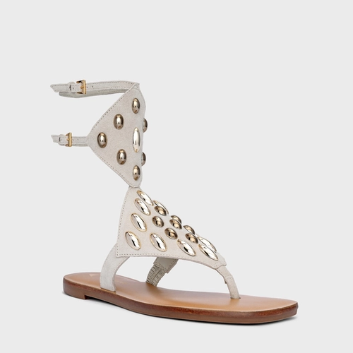 Sandália Flat Dots Triangle Couro Suede Off White Osso