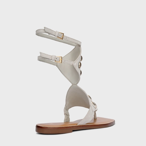 Sandália Flat Dots Triangle Couro Suede Off White Osso