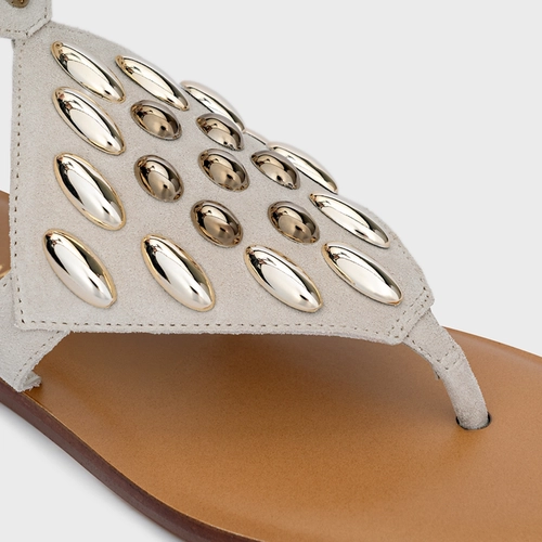 Sandália Flat Dots Triangle Couro Suede Off White Osso