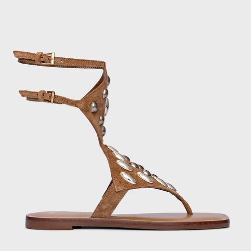 Sandália Flat Dots Triangle Couro Suede Marrom Saddle