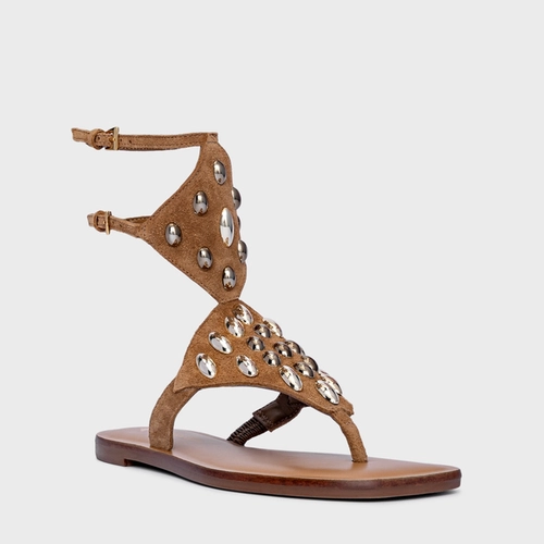 Sandália Flat Dots Triangle Couro Suede Marrom Saddle